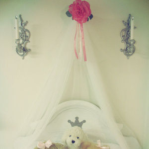 Bed crib canopy white sheer curtain Rose ribbons